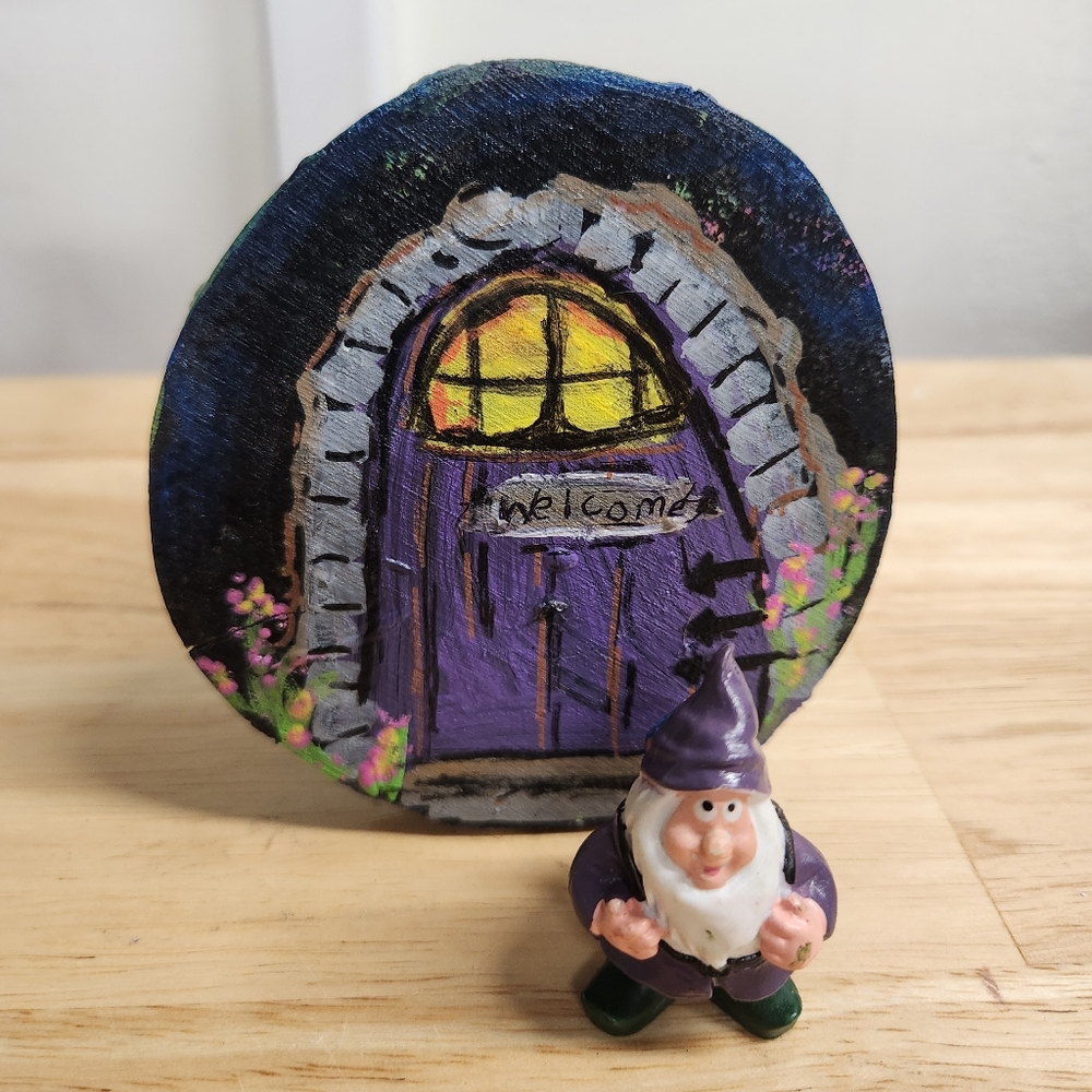 Painted Garden Gnome  Door Hand Painted -Includes A Gnome Miniature